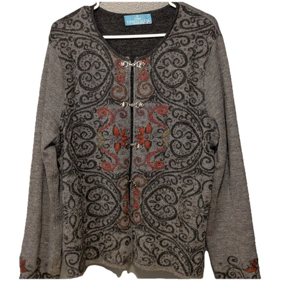 Grupo Esmeralda Vtg Grey 100% Baby Alpaca Wool Floral Embroidered Cardigan Lg - Picture 4 of 5